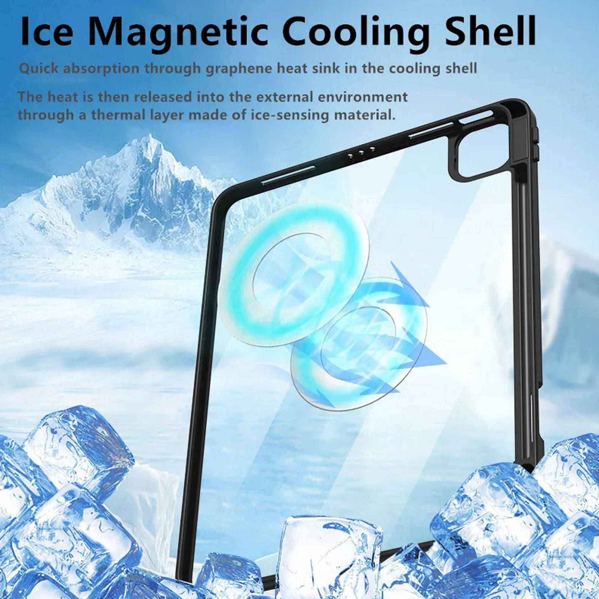 Ice magnetic cooling shell of HD109T case with graphene heat sink and thermal layer for efficient heat dissipation in iPad Air M2/M3.