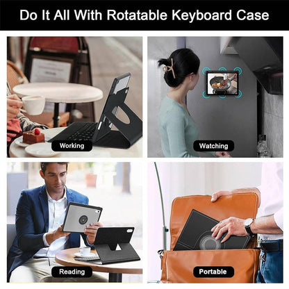 HD109T Keyboard Case used in various scenarios like working, watching, reading, and portability, showcasing its versatile design.