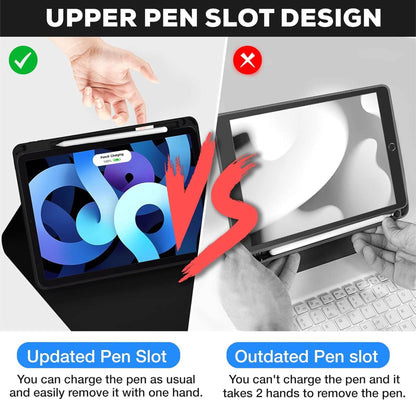 Tablet keyboard case with updated upper pen slot design for easy Apple Pencil charging and one-hand removal, compatible with iPad Pro 12.9 inch.