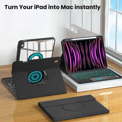 Keyboard Case for iPad Air 13 M2 & iPad Pro 12.9 inch 2022 transforms iPad into Mac-like setup with magnetic stand and backlit keyboard.