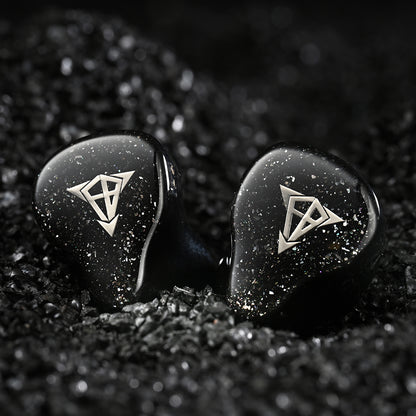 Hisenior Mega7 In-Ear Monitors with 1DD+4Sonion BA+2Knowles BA drivers, shown on black crystal background for premium audio appeal.