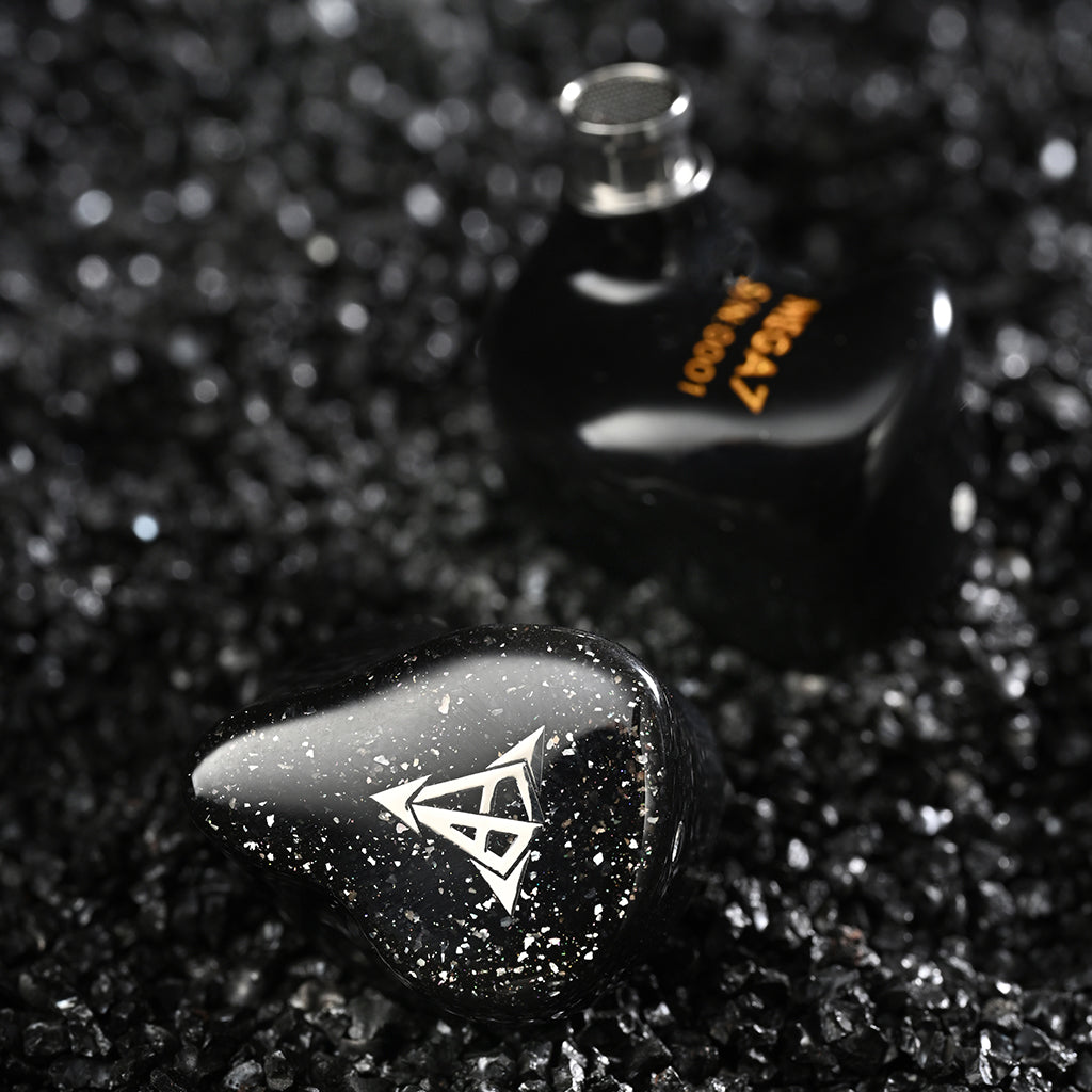 Hisenior Mega7 IEMs showcasing ergonomic design and glitter finish, ideal for high-fidelity sound and comfortable wear.