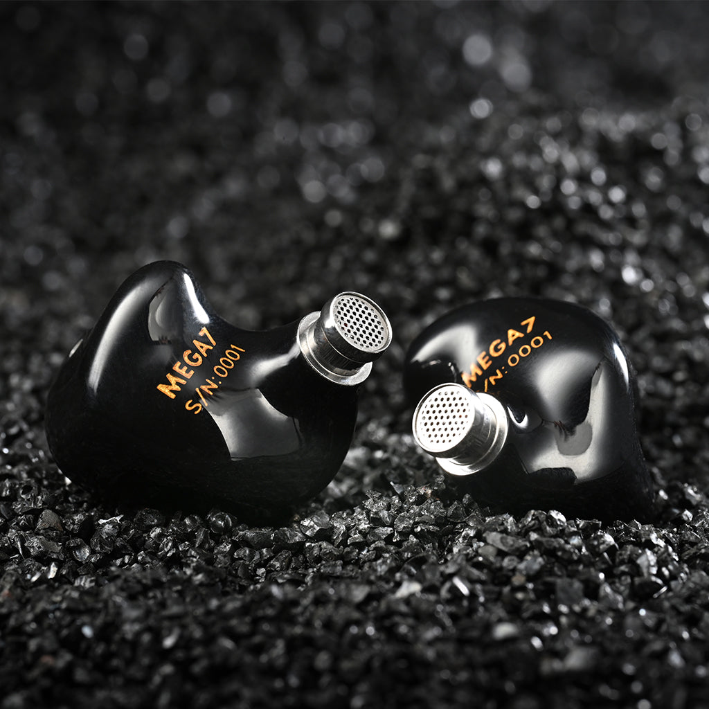 Back view of Hisenior Mega7 In-Ear Monitors with visible sound nozzles and serial number, emphasizing craftsmanship and detail.