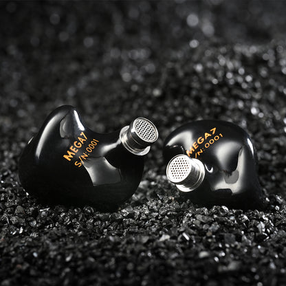 Back view of Hisenior Mega7 In-Ear Monitors with visible sound nozzles and serial number, emphasizing craftsmanship and detail.