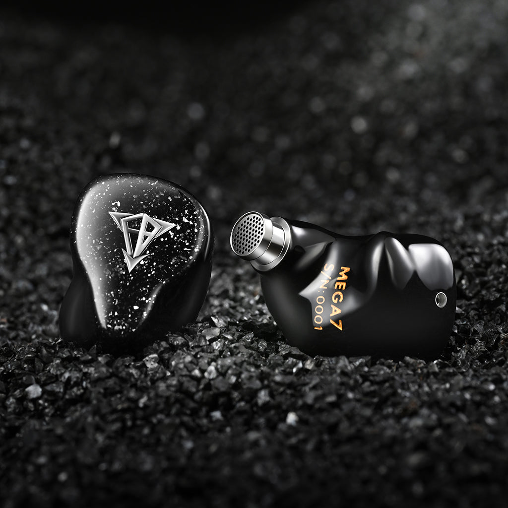 Hisenior Mega7 IEMs with 7-driver hybrid setup, displayed on black textured surface to highlight premium build and acoustic precision.