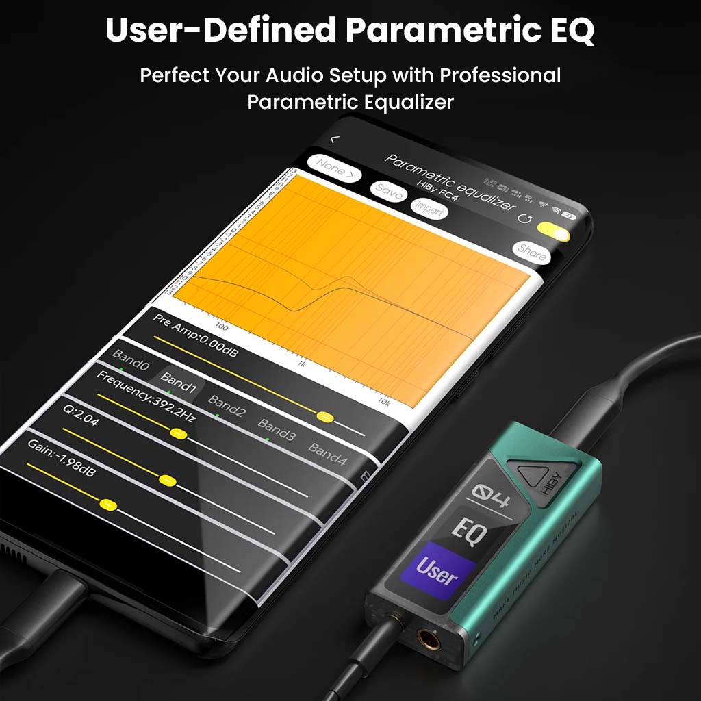 HiBy FC4 connected to smartphone with user-defined parametric EQ interface, allowing precise audio tuning for professional sound quality.