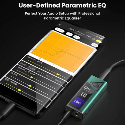 HiBy FC4 connected to smartphone with user-defined parametric EQ interface, allowing precise audio tuning for professional sound quality.