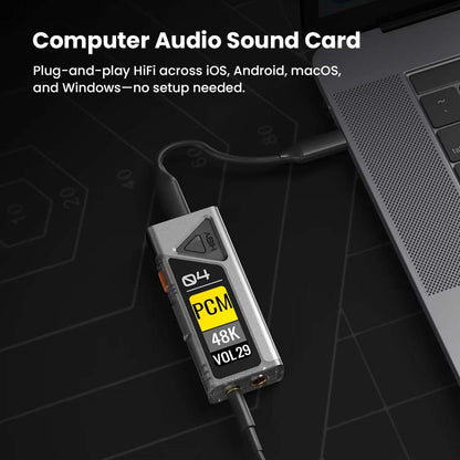 HiBy FC4 used as computer sound card, offering plug-and-play HiFi audio for iOS, Android, macOS, and Windows without setup.