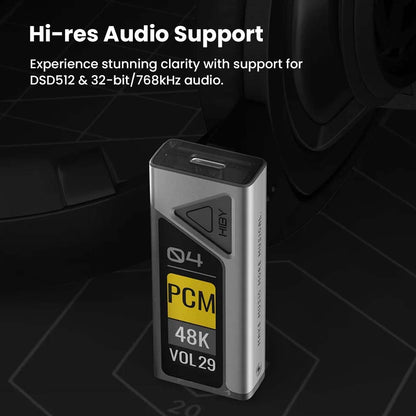HiBy FC4 DAC+Amp in silver with OLED display, supporting high-resolution audio formats like DSD512 and PCM 768kHz/32bit.