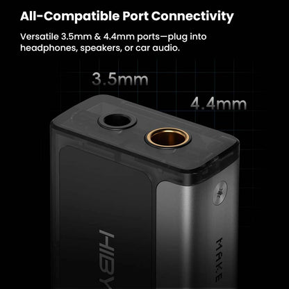 HiBy FC4 DAC+Amp showing 3.5mm and 4.4mm headphone ports, offering versatile connectivity for headphones, speakers, or car audio.