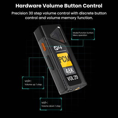 HiBy FC4 DAC+Amp with 30-step hardware volume control and memory function, enabling precise and consistent audio level adjustment.