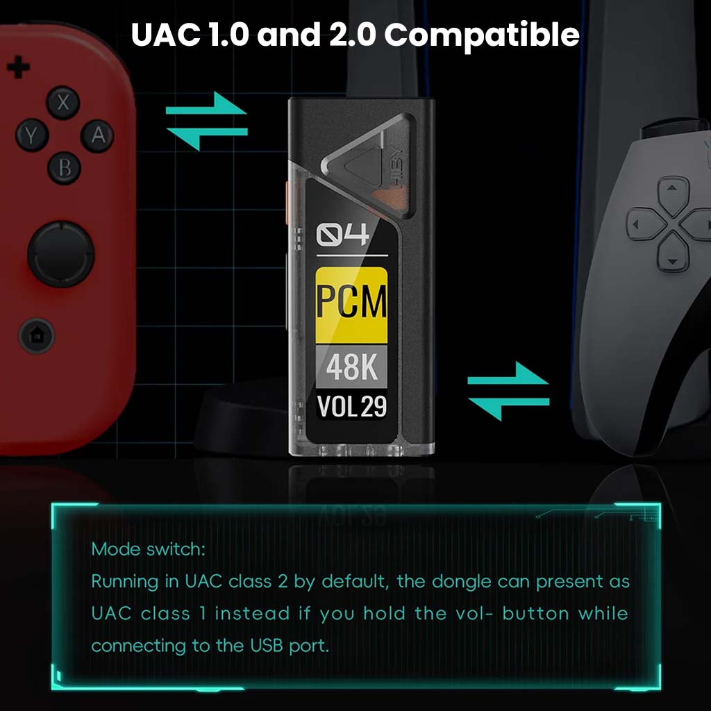 HiBy FC4 DAC+Amp compatible with UAC 1.0 and 2.0, supporting gaming consoles like Nintendo Switch and PlayStation for HiFi audio.