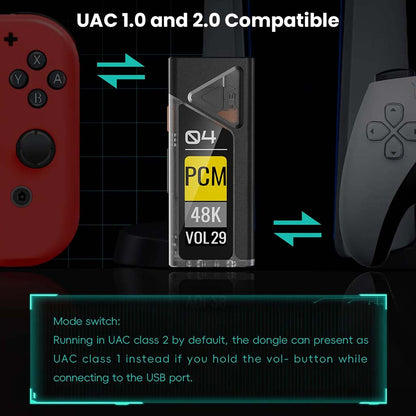 HiBy FC4 DAC+Amp compatible with UAC 1.0 and 2.0, supporting gaming consoles like Nintendo Switch and PlayStation for HiFi audio.