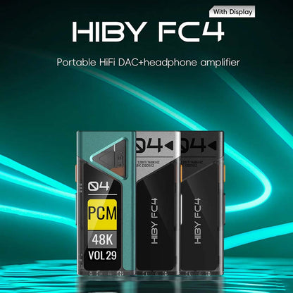 HiBy FC4 DAC+Headphone Amplifier lineup in green, silver, and black, highlighting portable HiFi audio with OLED display and dual DAC chips.