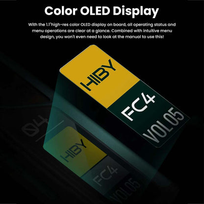 HiBy FC4 OLED display close-up showing PCM 48K and volume level, emphasizing intuitive menu and high-resolution screen for easy operation.