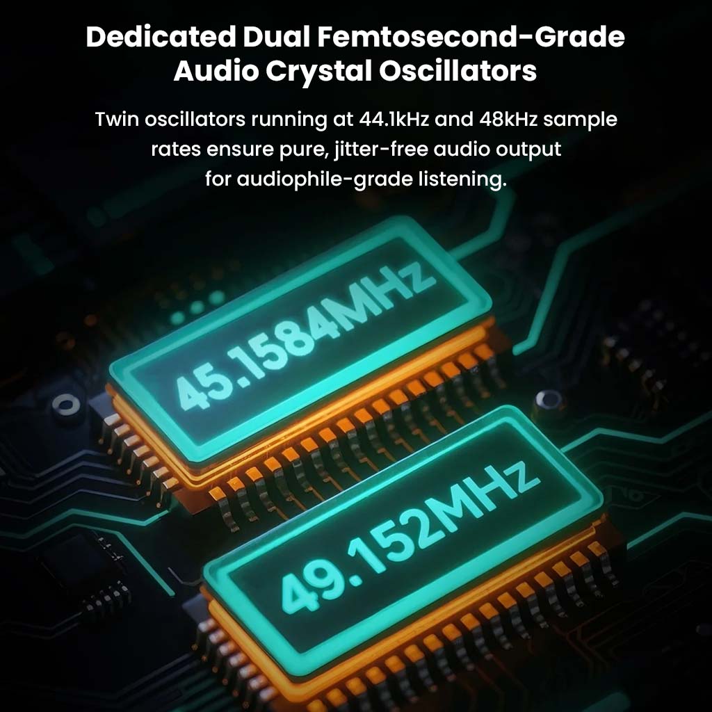 HiBy FC4 dual femtosecond-grade crystal oscillators for jitter-free audio, ensuring audiophile-grade sound with 44.1kHz and 48kHz precision.