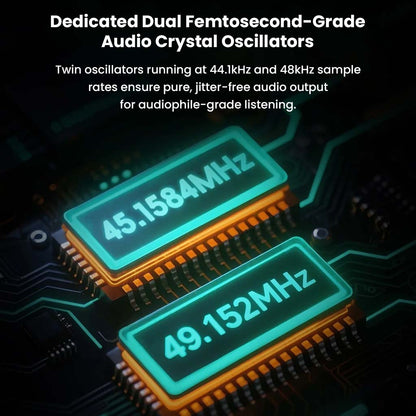 HiBy FC4 dual femtosecond-grade crystal oscillators for jitter-free audio, ensuring audiophile-grade sound with 44.1kHz and 48kHz precision.