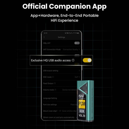 HiBy FC4 DAC with official companion app interface, enabling exclusive HQ USB audio access and full control over portable HiFi settings.