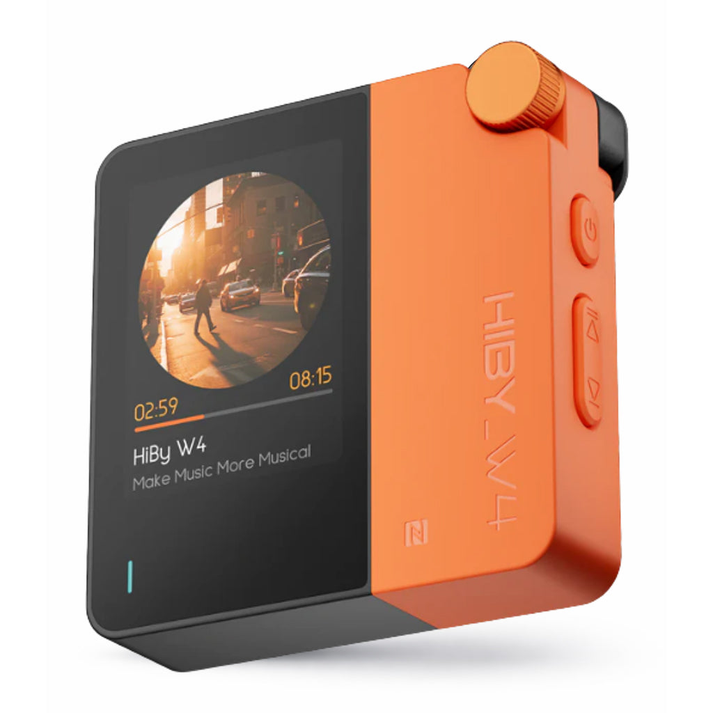 HiBy W4 HiFi Bluetooth headphone amp in vibrant orange with touchscreen and volume knob, designed for portable high-resolution audio.