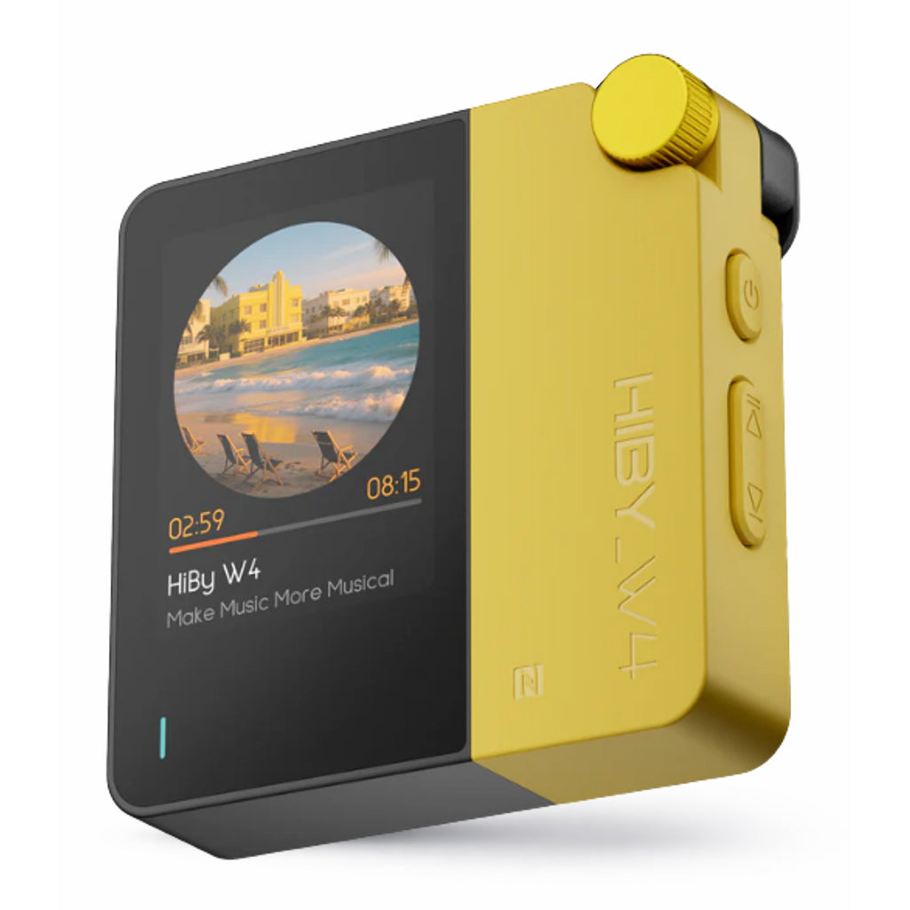 HiBy W4 headphone amplifier in yellow with album art display and tactile controls, delivering premium Bluetooth audio on the go.