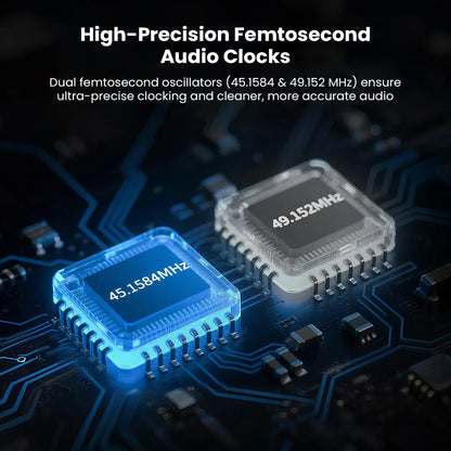 HiBy W4 dual DAC amplifier includes 45.1584MHz and 49.152MHz femtosecond oscillators for ultra-precise audio clocking and cleaner sound output.