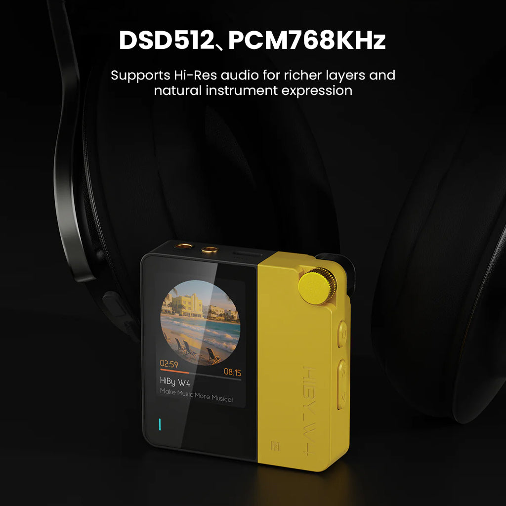 HiBy W4 amplifier in yellow paired with headphones, supporting DSD512 and PCM768kHz for high-resolution audio and natural instrument expression.