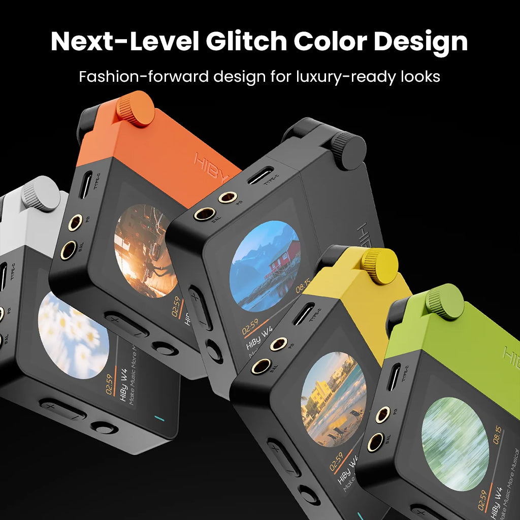 HiBy W4 Bluetooth DAC amp showcases glitch color design with multiple vibrant finishes, combining fashion-forward aesthetics with HiFi performance.
