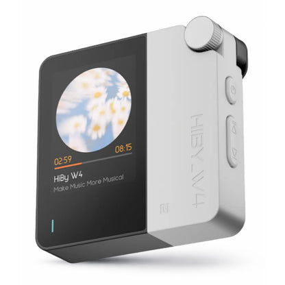 HiBy W4 portable HiFi amplifier in white with touchscreen display and side buttons, offering powerful audio in a sleek compact design.