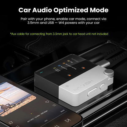 HiBy W4 DAC amp features car audio optimized mode for seamless integration with car systems via 3.5mm and USB connections.