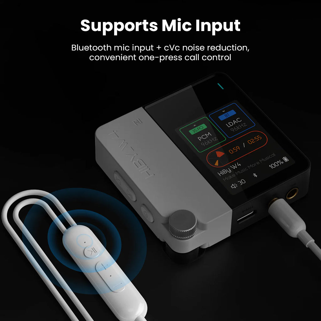 HiBy W4 Bluetooth amplifier supports mic input with cVc noise reduction and one-press call control for clear voice communication.