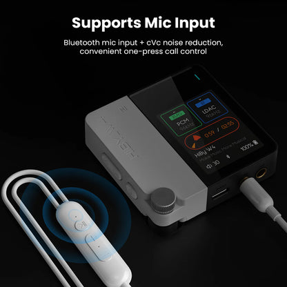 HiBy W4 Bluetooth amplifier supports mic input with cVc noise reduction and one-press call control for clear voice communication.