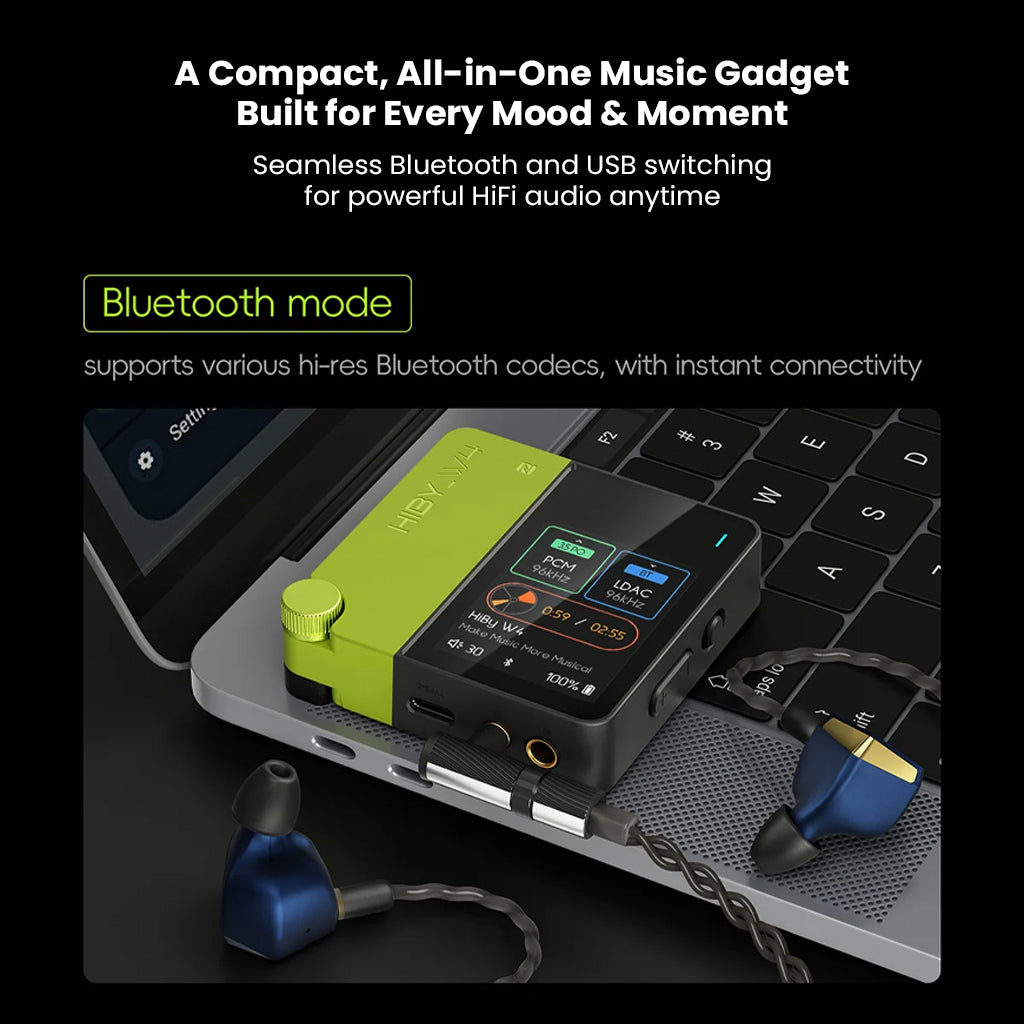 HiBy W4 HiFi Bluetooth amp offers seamless switching between Bluetooth and USB modes for flexible, high-resolution audio playback.