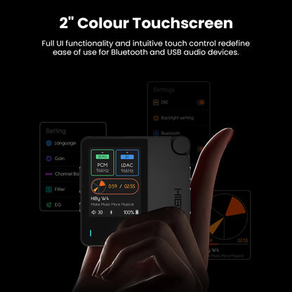 HiBy W4 amplifier with 2-inch color touchscreen offering full UI control for Bluetooth and USB audio, enhancing user interaction.
