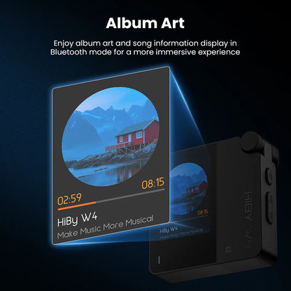 HiBy W4 Bluetooth amplifier displaying album art and track info for immersive music experience in Bluetooth mode with HiFi clarity.