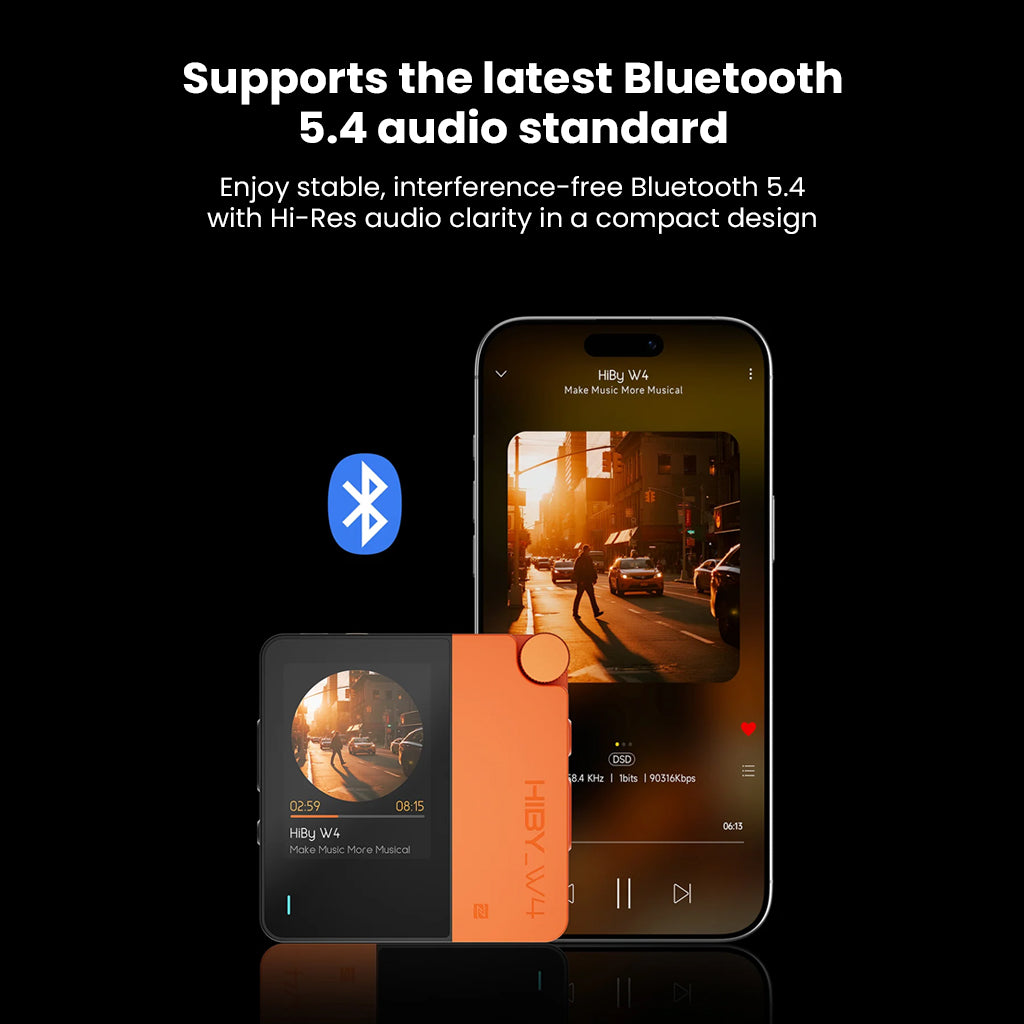 HiBy W4 amplifier in orange shown with smartphone, supporting Bluetooth 5.4 for stable, high-resolution wireless audio streaming.