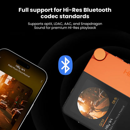 HiBy W4 portable HiFi Bluetooth amplifier supports aptX, LDAC, AAC, and Snapdragon Sound for high-resolution wireless audio playback.