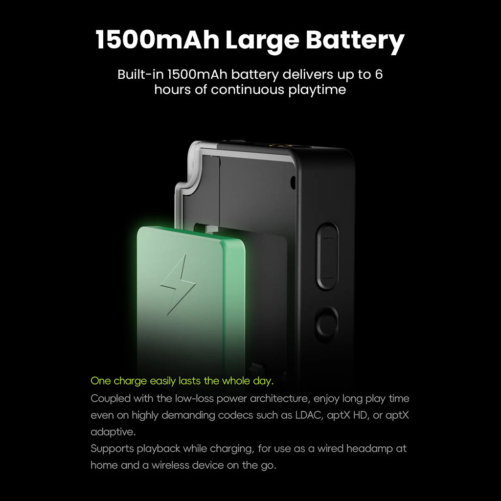 HiBy W4 Bluetooth headphone amp features a 1500mAh battery offering up to 6 hours of continuous HiFi playback with support for charging while in use.