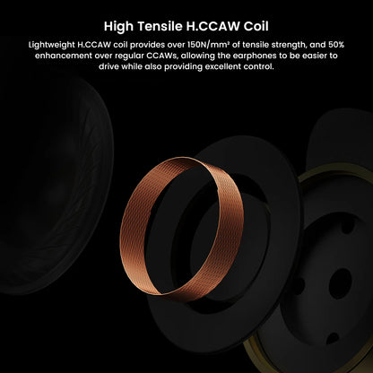 High tensile H.CCAW coil in HiBy Yula earphones offers over 150N/mm² strength, improving drive efficiency and audio control over standard coils.