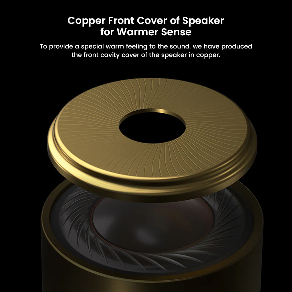 Copper front cover of HiBy Yula speaker enhances warmth in sound signature, contributing to a richer and more immersive listening experience.