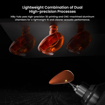 HiBy Yula IEMs crafted with CNC-machined aluminum and 3D printing for lightweight build and precise acoustic chamber design.