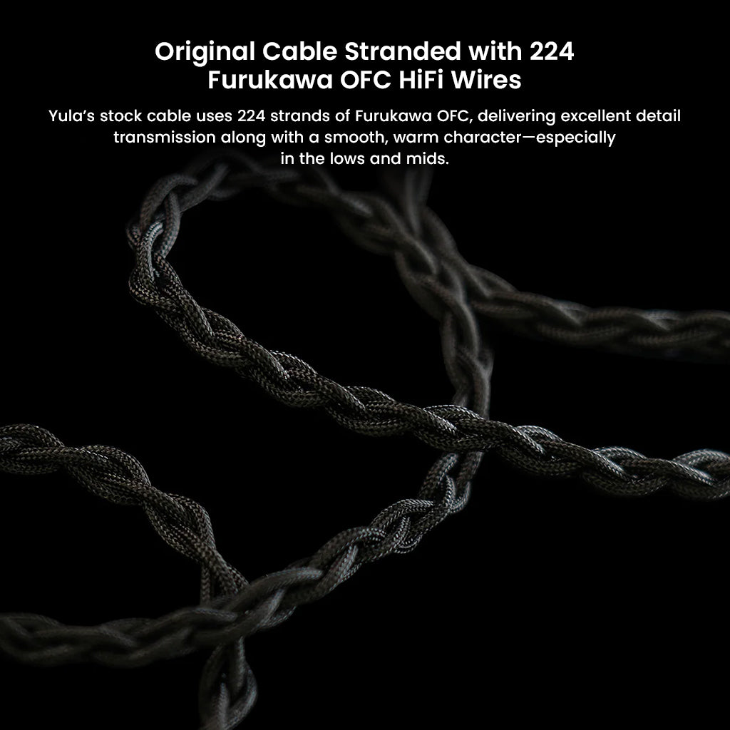 Close-up of HiBy Yula's 224-strand Furukawa OFC cable offering smooth, warm sound transmission with high detail in lows and mids.