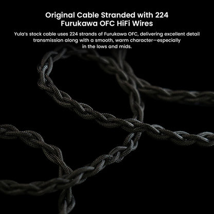 Close-up of HiBy Yula's 224-strand Furukawa OFC cable offering smooth, warm sound transmission with high detail in lows and mids.