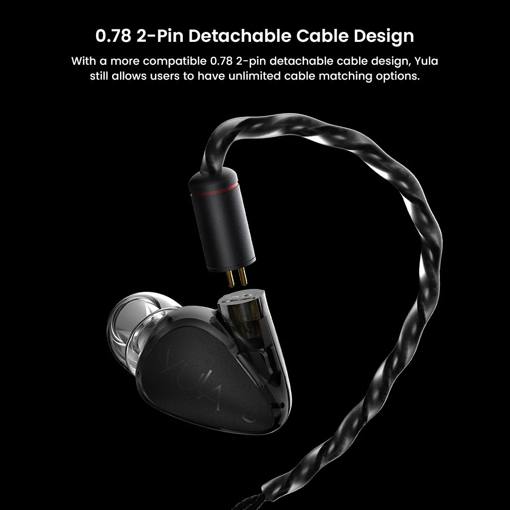 HiBy Yula IEM with 0.78mm 2-pin detachable cable design, allowing flexible cable upgrades and customization for audiophiles.