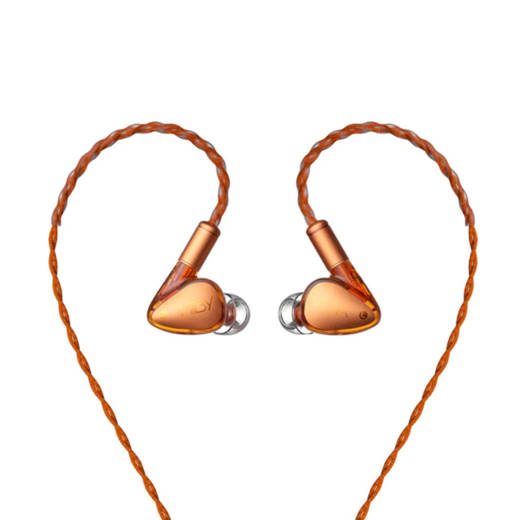 HiBy Yula 10mm Dynamic Driver HiFi In-Ear Monitor in vibrant orange with braided cable, offering high-fidelity sound and stylish design.