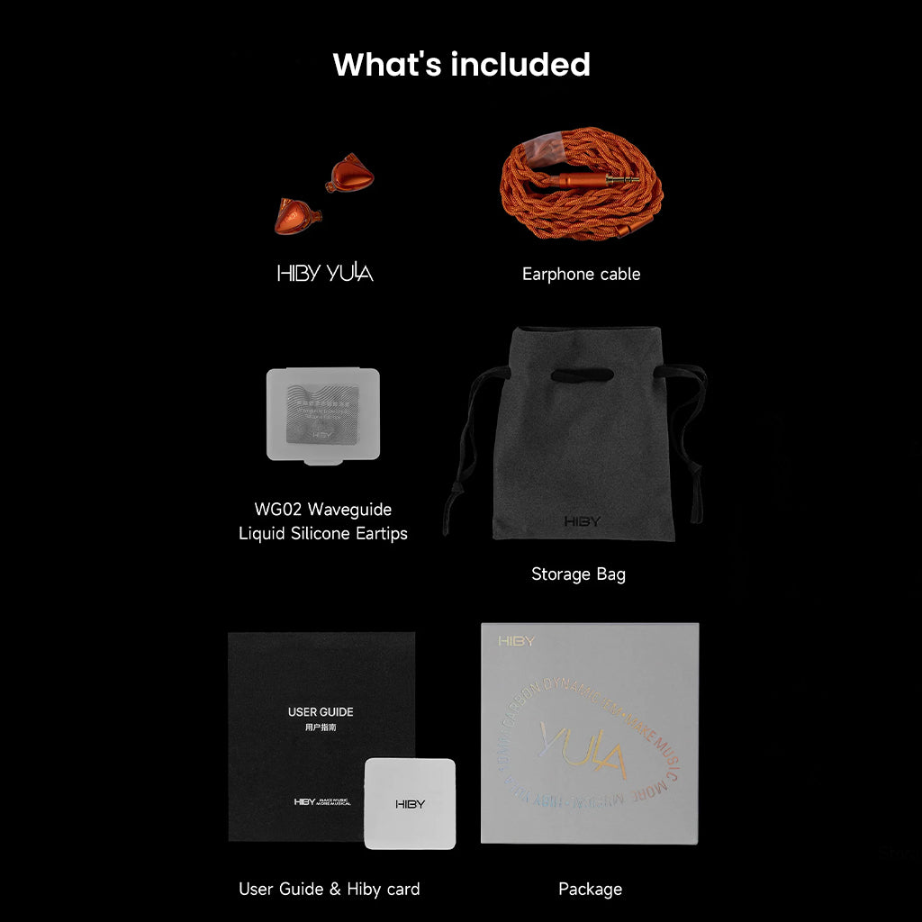 HiBy Yula 10mm Dynamic Driver HiFi In-Ear Monitor full accessory set including earphones, cable, silicone eartips, storage bag, and user guide.