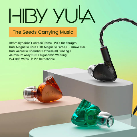 HiBy Yula In-Ear Monitors in black, green, and orange displayed on modern stands, highlighting 10mm dynamic driver and ergonomic seed-shaped design.