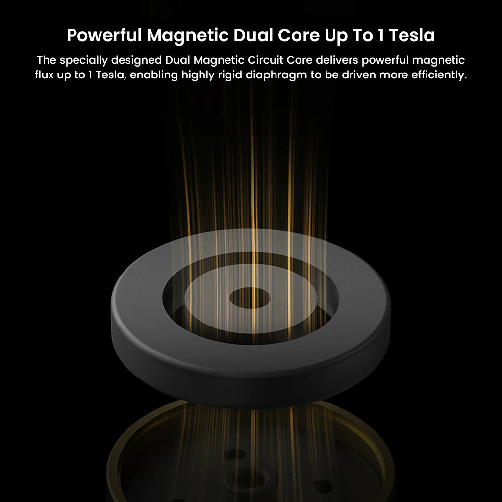 HiBy Yula's dual magnetic core design visualized with up to 1 Tesla magnetic flux, enabling efficient diaphragm movement and powerful sound output.