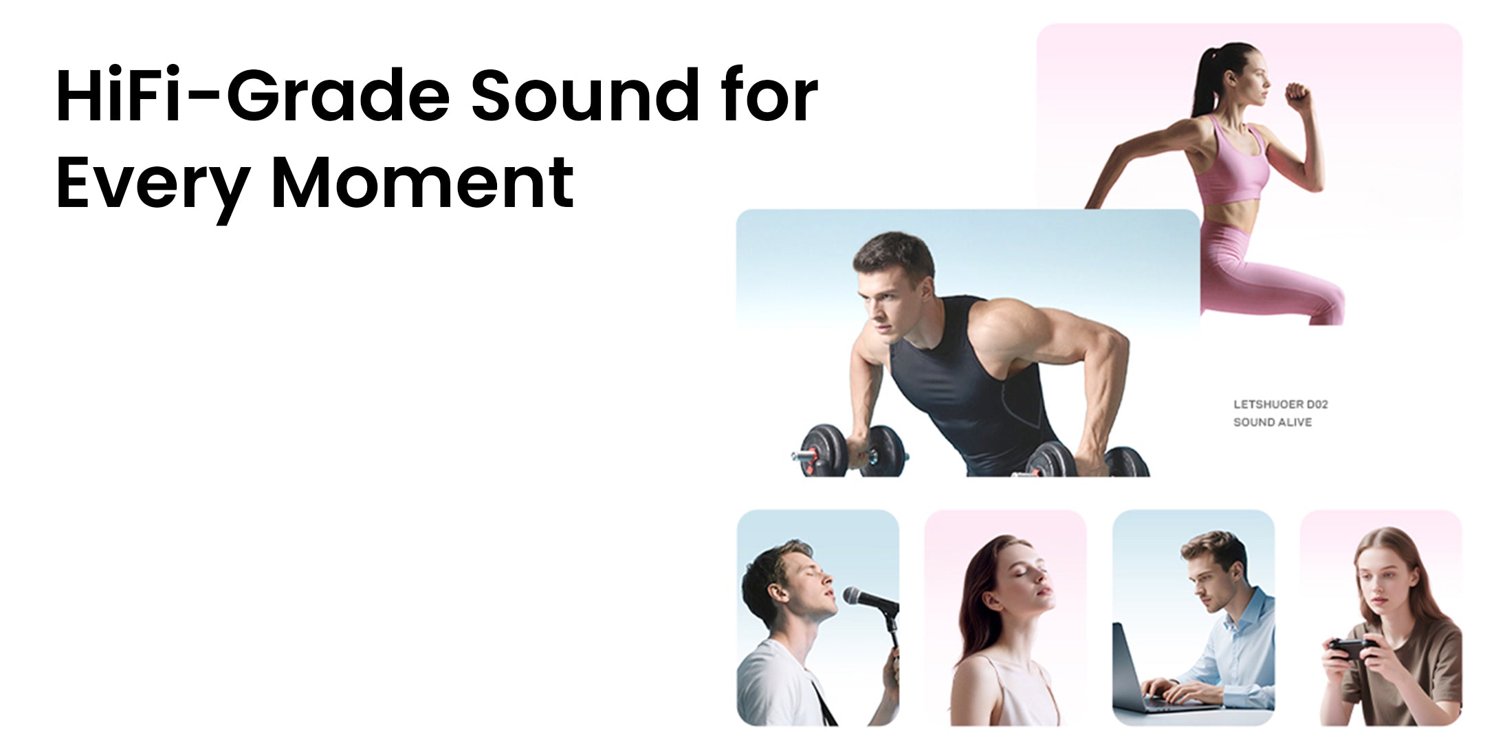 Advertisement for high-quality sound equipment with people exercising and using devices.