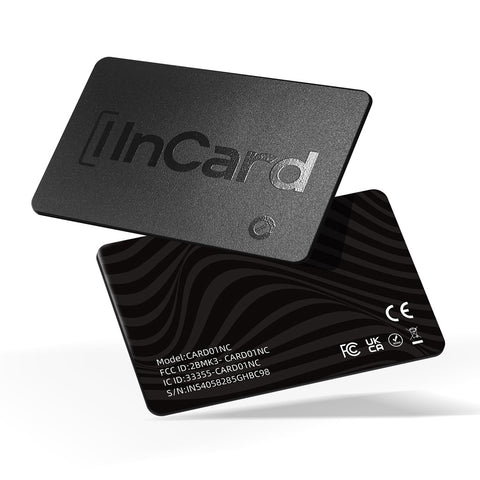 Front and back view of InCard Finder Wireless GPS Tracker, slim credit card-sized design with model and certification details.