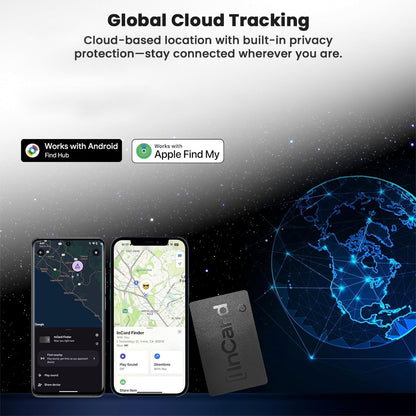 InCard Finder GPS Tracker with global cloud tracking, offering privacy-focused location access via Apple and Google networks.